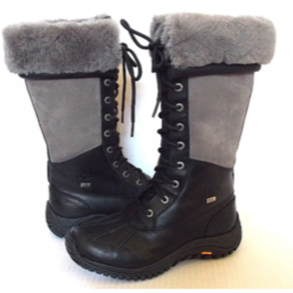 UGG Women's Black and Gray Tall Lace-Up Winter Boots with Fur Cuff